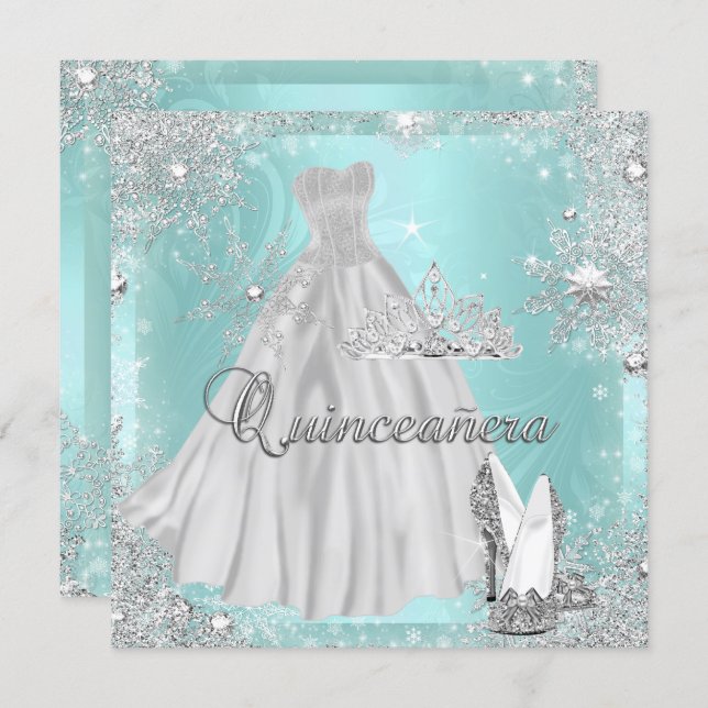 Quinceanera 15th Teal Silver Birthday Party Invitation (Front/Back)