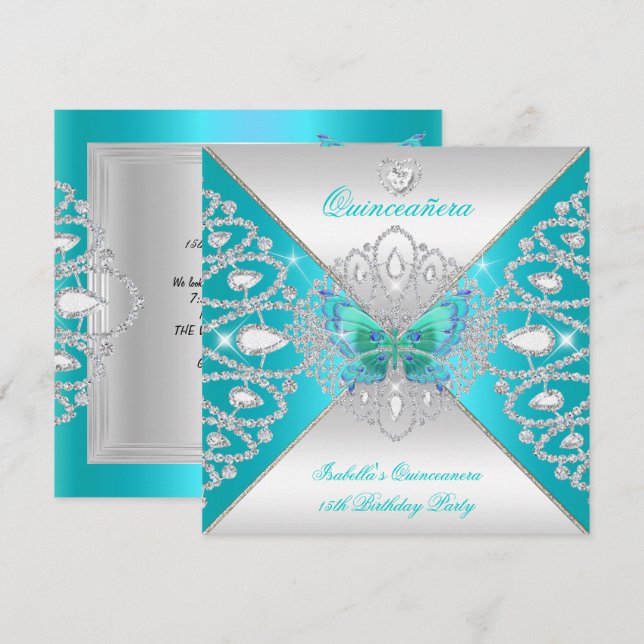 Quinceanera 15th Teal Silver Butterfly Tiara 2 Invitation (Front/Back)