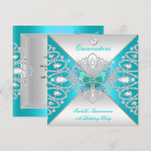 Quinceanera 15th Teal Silver Butterfly Tiara 2 Invitation