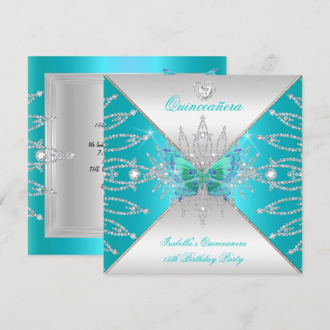 Quinceanera 15th Teal Silver Butterfly Tiara 3 Invitation (Front/Back)
