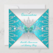 Quinceanera 15th Teal Silver Butterfly Tiara 3 Invitation (Front)