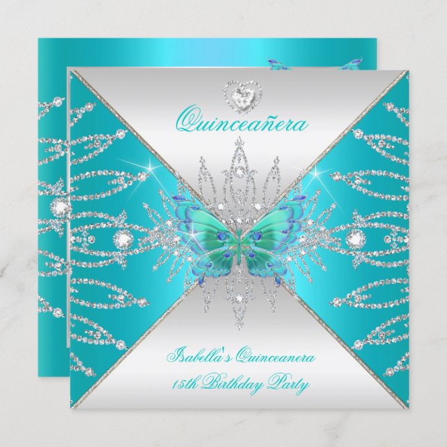Quinceanera 15th Teal Silver Butterfly Tiara 3 Invitation (Front/Back)