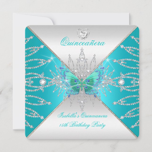 Quinceanera 15th Teal Silver Butterfly Tiara 3 Invitation (Front)