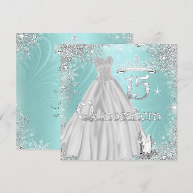 Quinceanera 15th Teal Silver Snowflakes Party Invitation (Front/Back)