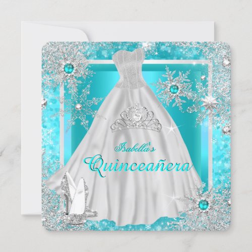 Quinceanera 15th Teal Winter Wonderland Snowflakes Invitation
