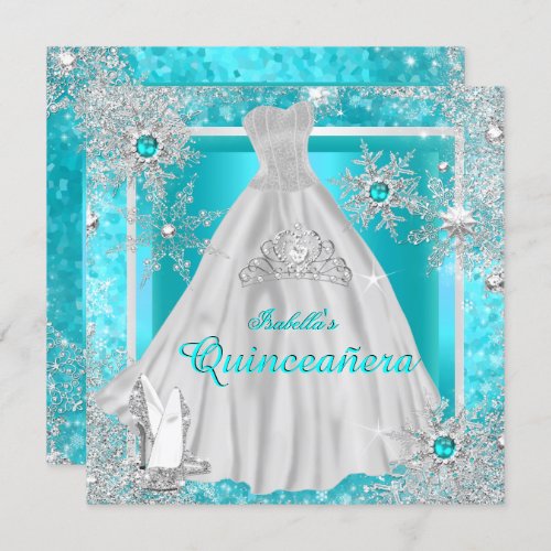 Quinceanera 15th Teal Winter Wonderland Snowflakes Invitation