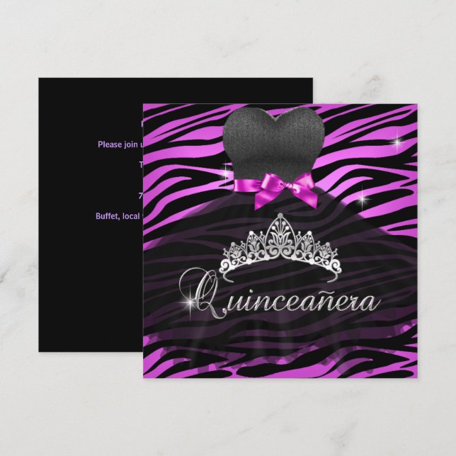 Quinceanera 15th Tiara Hot Pink Black Zebra Dress Invitation (Front/Back)