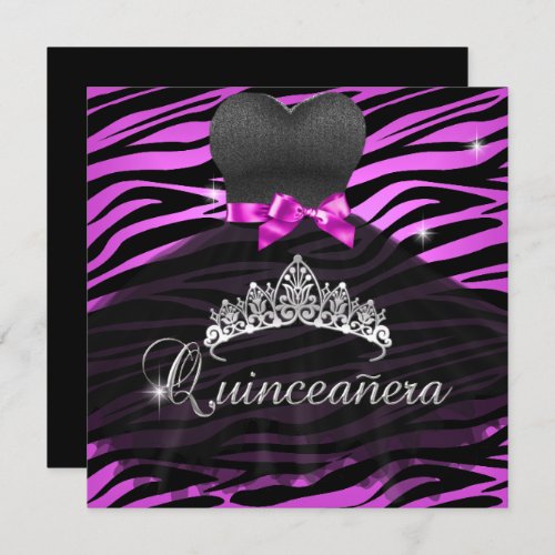Quinceanera 15th Tiara Hot Pink Black Zebra Dress Invitation