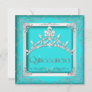 Quinceanera 15th Turquoise Silver Tiara 15 Party Invitation