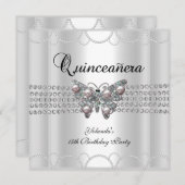 Quinceanera 15th White Butterfly Pearl Lace Invitation (Front/Back)