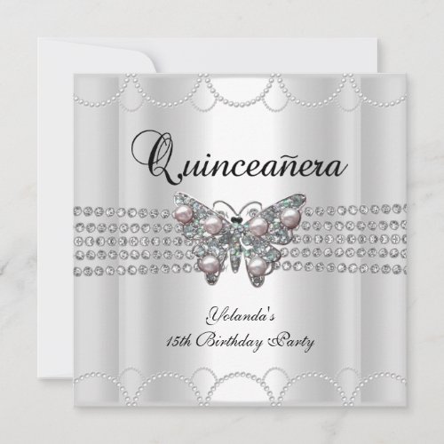 Quinceanera 15th White Butterfly Pearl Lace Invitation