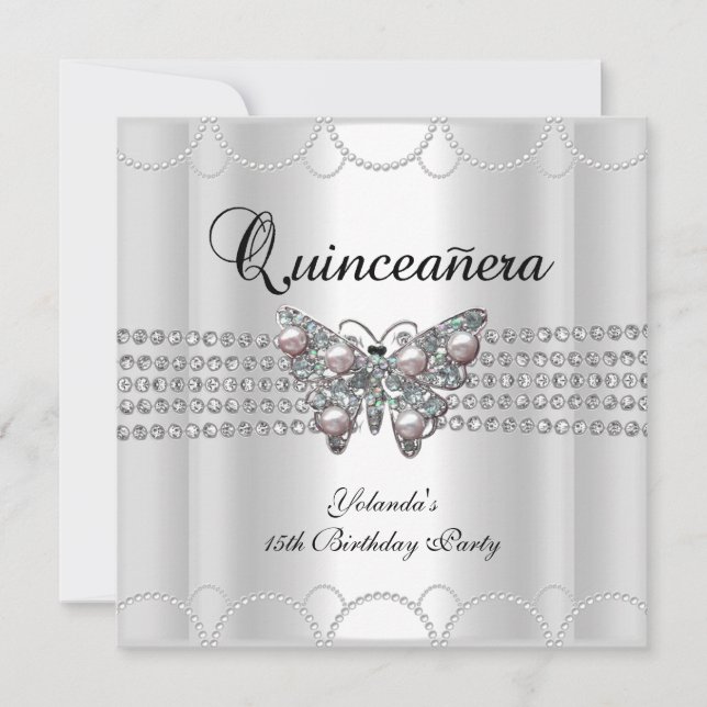 Quinceanera 15th White Butterfly Pearl Lace Invitation (Front)
