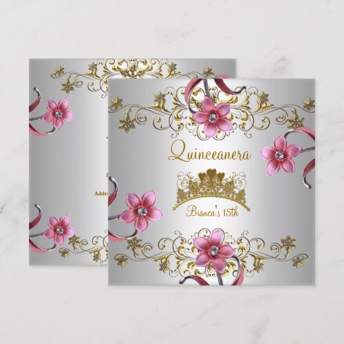 Quinceanera 15th White Pink Flowers Gold Tiara Personalized Invitation