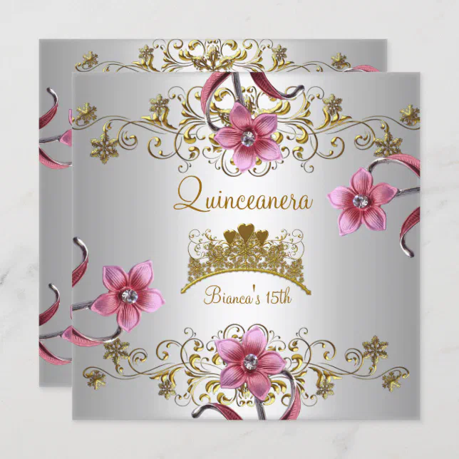 Quinceanera 15th White Pink Flowers Gold Tiara Invitation | Zazzle