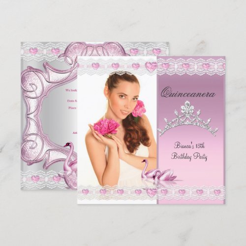 Quinceanera 15th White Pink Swans Tiara Photo Announcement