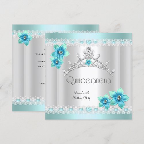 Quinceanera 15th White Teal Blue Silver Tiara Announcements