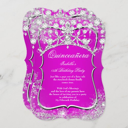 Quinceanera 15th Winter Wonderland Magenta Pink Invitation