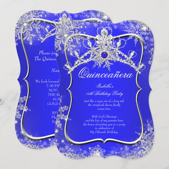 Quinceanera 15th Winter Wonderland Royal Blue Invitation (Front/Back)