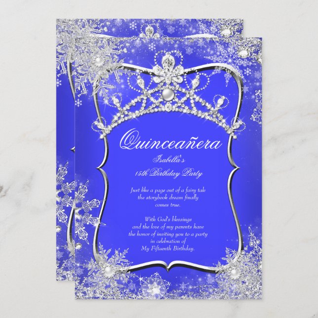 Quinceanera 15th Winter Wonderland Royal Blue Invitation (Front/Back)