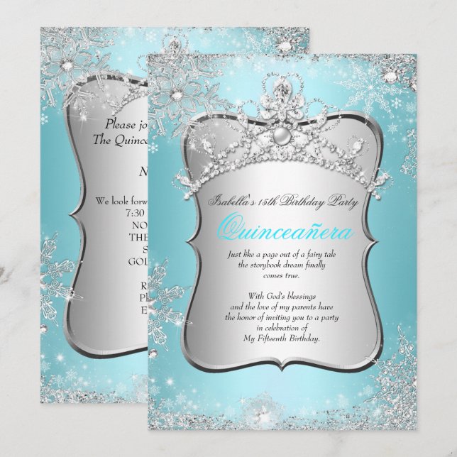 Quinceanera 15th Winter Wonderland Silver Blue 2 Invitation (Front/Back)