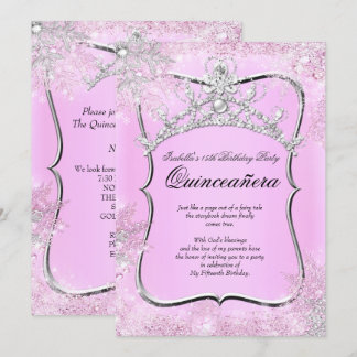 Quinceanera 15th Winter Wonderland Silver Pink Invitation