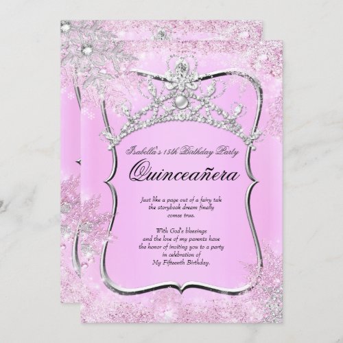 Quinceanera 15th Winter Wonderland Silver Pink Invitation