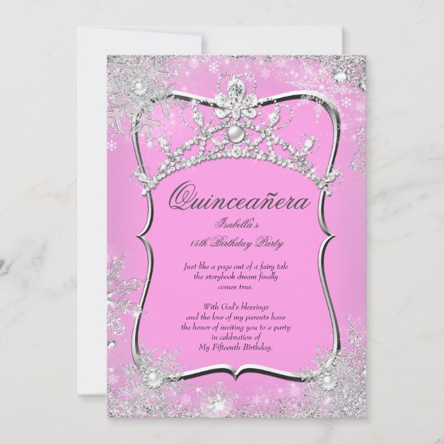 Quinceanera 15th Winter Wonderland Silver Pink Invitation (Front)