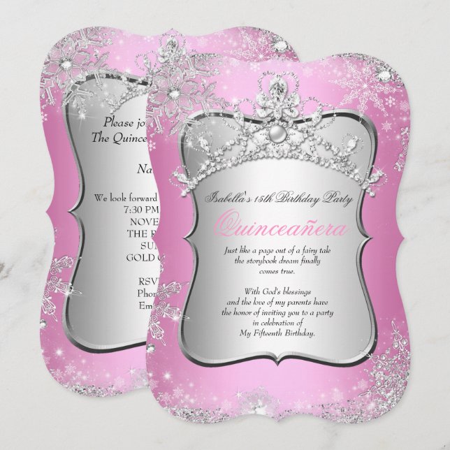Quinceanera 15th Winter Wonderland Silver Pink Invitation (Front/Back)