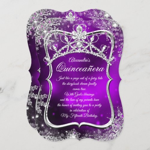 Quinceanera 15th Winter Wonderland Silver Purple Invitation