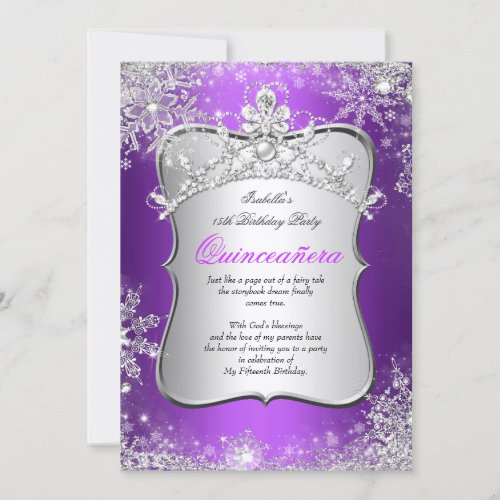 Quinceanera 15th Winter Wonderland Silver Purple Invitation