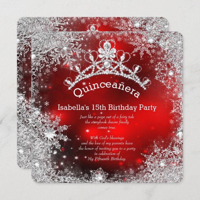 Quinceanera 15th Winter Wonderland Silver Red Invitation (Front/Back)