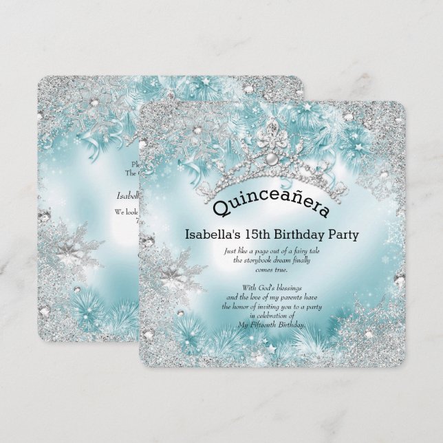 Quinceanera 15th Winter Wonderland Silver Teal 2 Invitation (Front/Back)