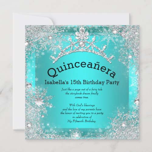 Quinceanera 15th Winter Wonderland Silver Teal 2 Invitation