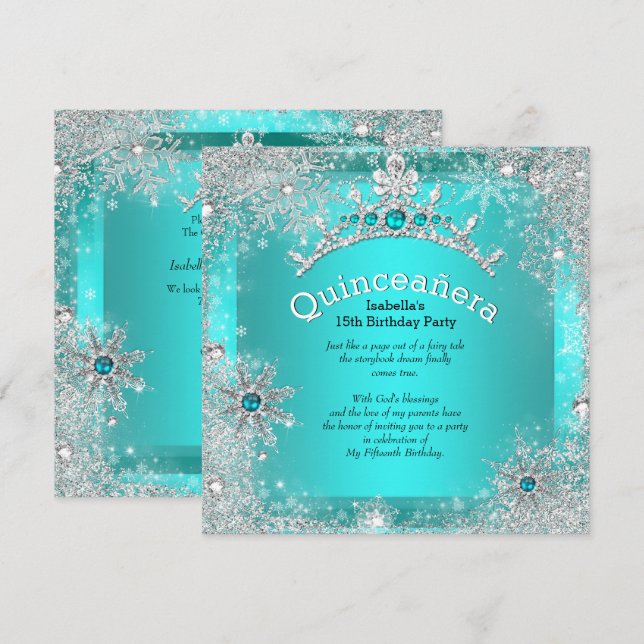 Quinceanera 15th Winter Wonderland Silver Teal 3 Invitation (Front/Back)