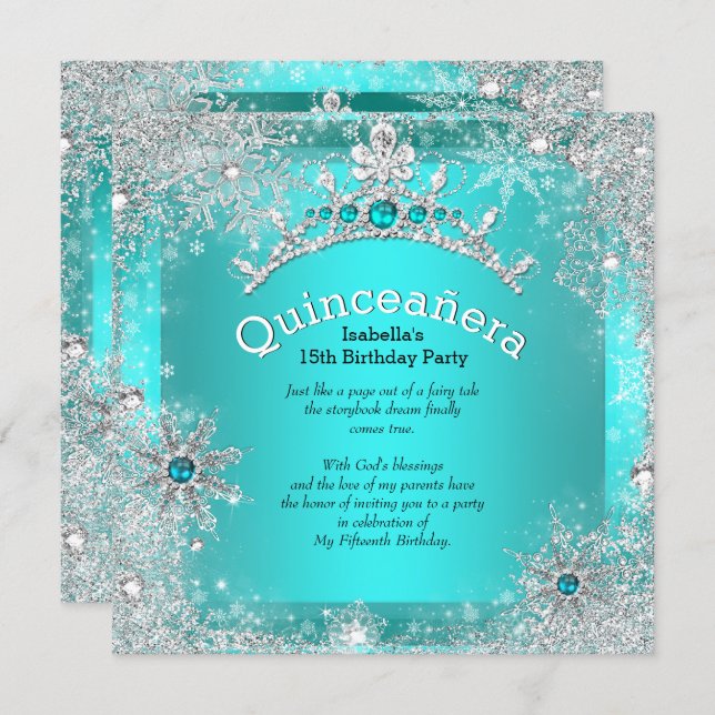 Quinceanera 15th Winter Wonderland Silver Teal 3 Invitation (Front/Back)