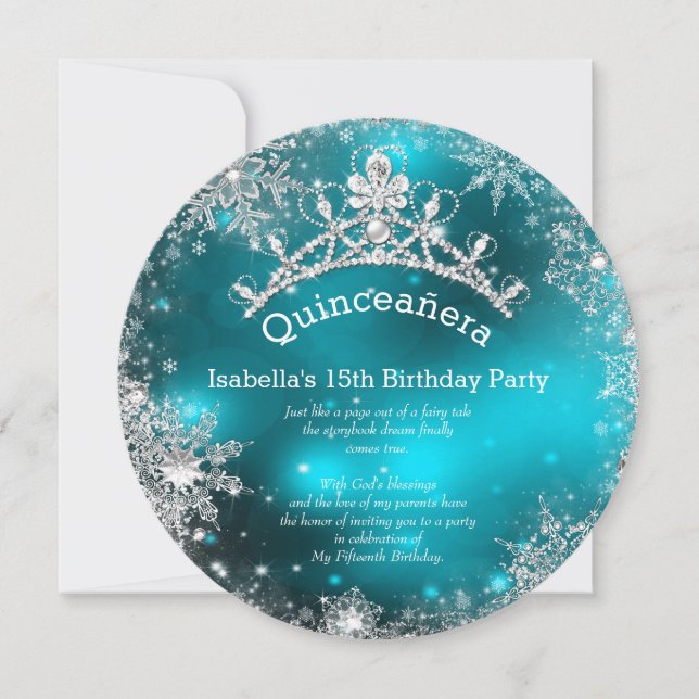 Quinceanera 15th Winter Wonderland Silver Teal Invitation (Front)