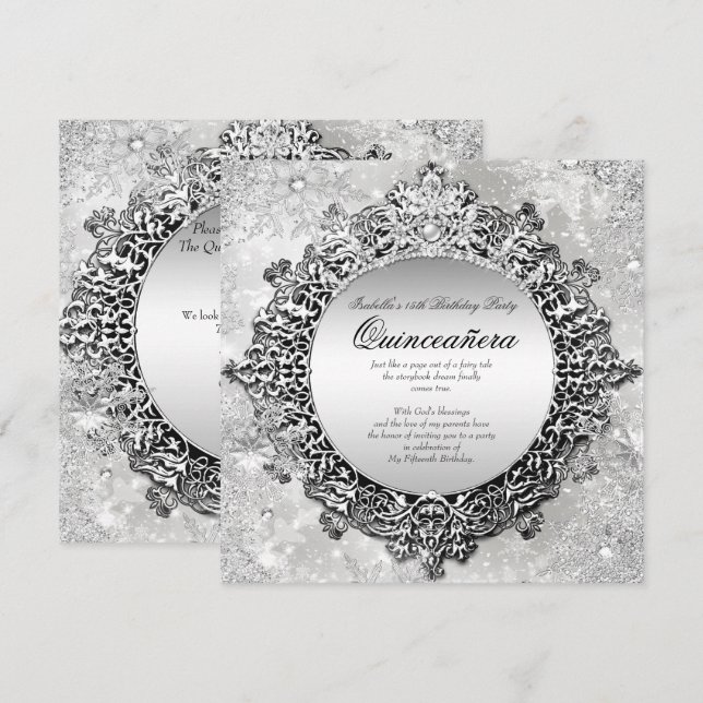 Quinceanera 15th Winter Wonderland Silver White Invitation (Front/Back)