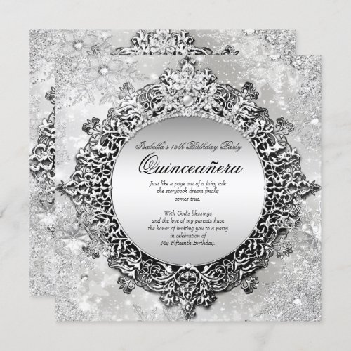 Quinceanera 15th Winter Wonderland Silver White Invitation