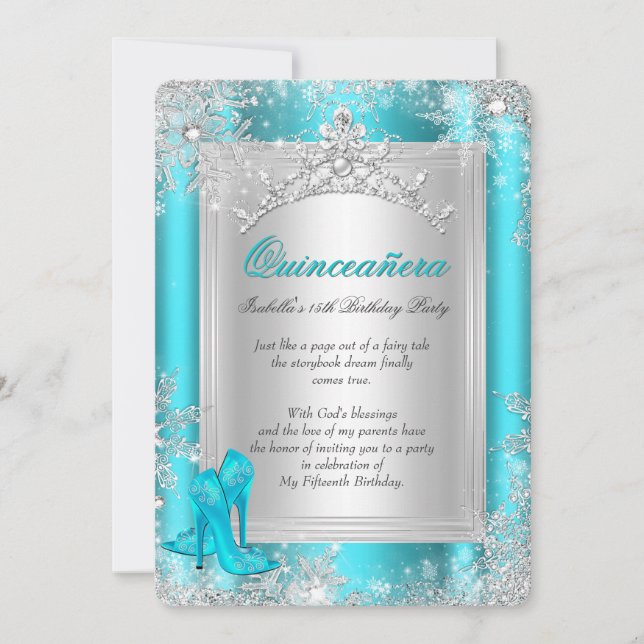Quinceanera 15th Winter Wonderland Teal Aqua Invitation (Front)