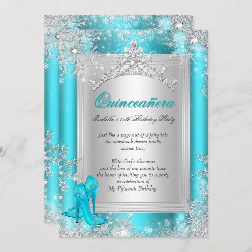 Quinceanera 15th Winter Wonderland Teal Aqua Invitation