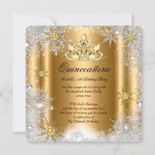 Quinceanera 15th Winter Wonderland Yellow Gold 2 Invitation