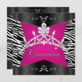 Quinceanera 15th Zebra Pink Black Silver Tiara Invitation (Front/Back)