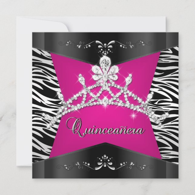 Quinceanera 15th Zebra Pink Black Silver Tiara Invitation (Front)