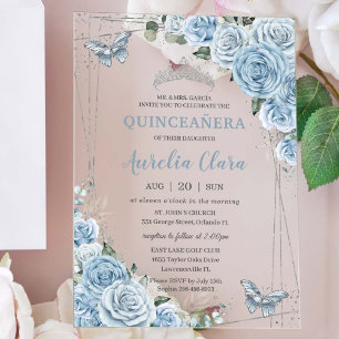 Quinceañera 16 Baby Blue Floral Butterflies Silver Acrylic Invitations