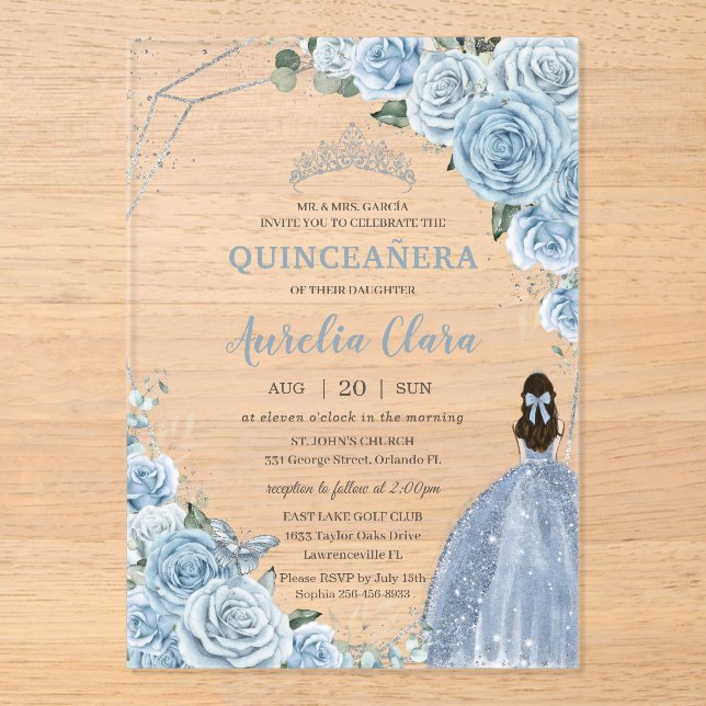 Quinceañera 16 Baby Blue Floral Princess Silver Acrylic Invitations (Front)