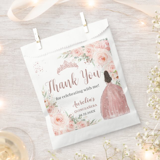 Quinceanera 16 Blush Floral Rose Gold Princess Favor Bag (Clipped)