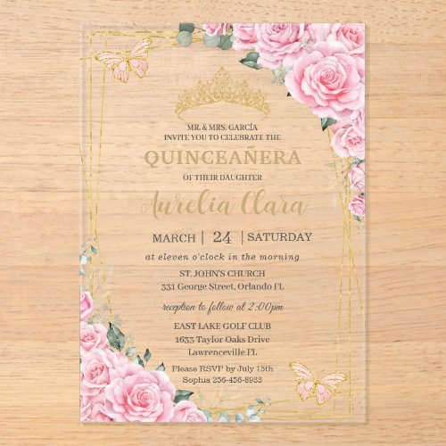 Quinceanera 16 Pink Roses Floral Gold Butterflies Acrylic Invitations