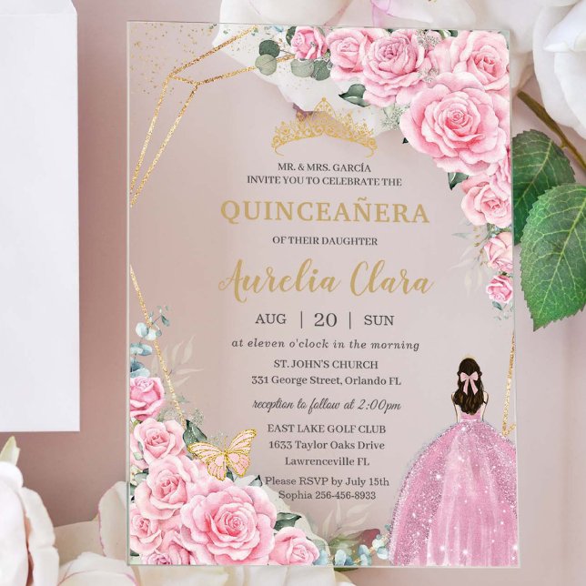 Quinceañera 16 Pink Roses Floral Gold Butterflies Acrylic Invitations (Creator Uploaded)