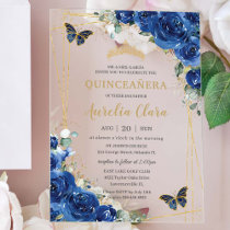 Quinceañera 16 Royal Blue Floral Gold Butterflies Acrylic Invitations