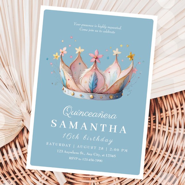 Quinceañera 16 Royal Blue Floral Gold Crown Invitation (Creator Uploaded)